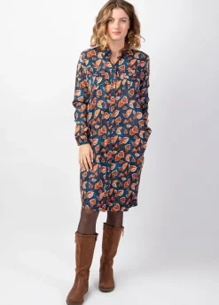 Flash Sale Coton Du Monde Robe midi hiver manches longues MACHA coupe chemise bleu Tylia