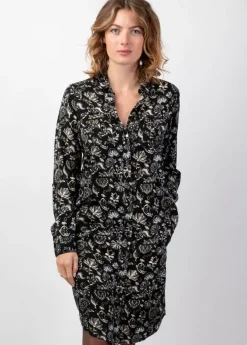 Shop Coton Du Monde Robe midi hiver manches longues MACHA motif ethnique noir Orient