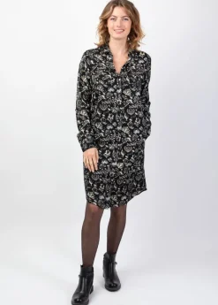 Shop Coton Du Monde Robe midi hiver manches longues MACHA motif ethnique noir Orient