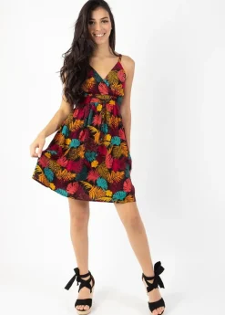 Cheap Coton Du Monde Robe évasée fines bretelles MOREA imprimé tropical orange Palme Orange