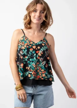 Clearance Coton Du Monde Top femme fines bretelles noir VAHINE motif floral Jaipur