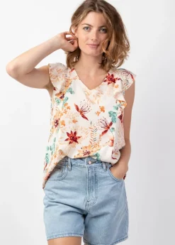 Sale Coton Du Monde Top femme sans manches à volants CHLOE imprimé romantique Garden