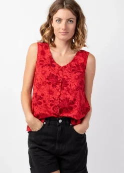 Discount Coton Du Monde Top femme sans manches IVANOE rouge fleuri Rumba