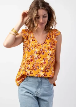 Hot Coton Du Monde Top femme tendance à volants CHLOE motif fleuri coloré jaune Joy