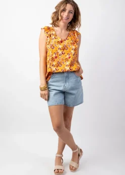 Hot Coton Du Monde Top femme tendance à volants CHLOE motif fleuri coloré jaune Joy