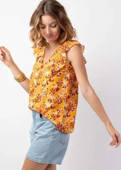 Hot Coton Du Monde Top femme tendance à volants CHLOE motif fleuri coloré jaune Joy