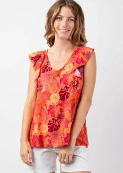 Fashion Coton Du Monde Top femme tendance sans manches à volants CHLOE imprimé estival Java