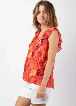 Fashion Coton Du Monde Top femme tendance sans manches à volants CHLOE imprimé estival Java