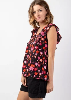 New Coton Du Monde Top femme tendance style bohème CHLOE imprimé petites fleurs Cherry Noir