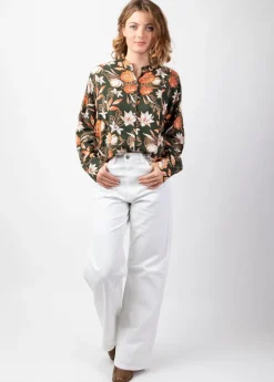 Outlet Coton Du Monde Top manches longues en twill de viscose LIZAE imprimé Kaki Arty