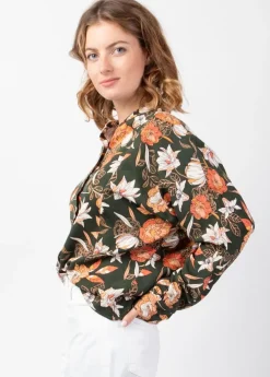 Outlet Coton Du Monde Top manches longues en twill de viscose LIZAE imprimé Kaki Arty