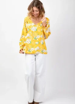 Shop Coton Du Monde Top manches longues en viscose CASSIOPEE imprimé fleuri lumineux jaune Bouquet Jaune
