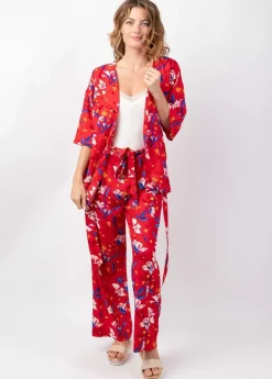 Discount Coton Du Monde Veste courte esprit kimono AYAKO motif fleuri rouge Pétale