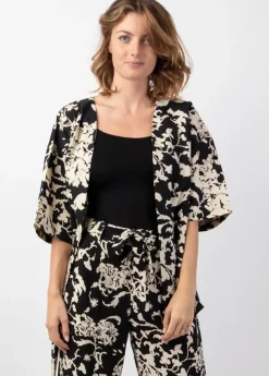 Fashion Coton Du Monde Veste courte unie femme esprit kimono AYAKO motif ethnique Palua Noir