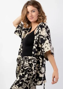 Fashion Coton Du Monde Veste courte unie femme esprit kimono AYAKO motif ethnique Palua Noir
